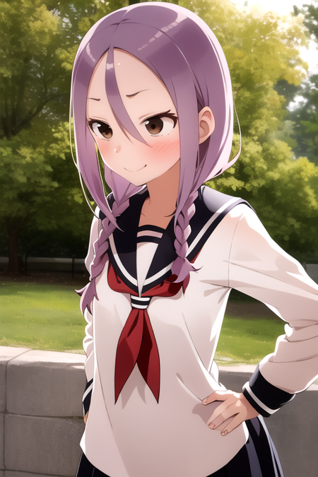 masterpiece, best quality, 1girl, solo, brown eyes, purple hair, twin braids, serafuku, school uniform, hair between eyes, happy, blush, outdoors, hands on hips,