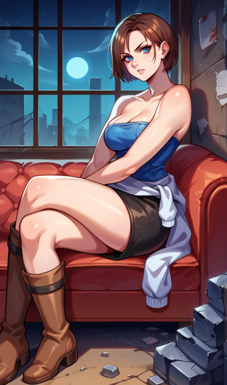 bob cut, blue eyes RE3Jill, tube top, clothes around waist, black skirt, fingerless gloves, cleavage STARSJill, bob cut, blue eyes,beret, shoulder holster, police uniform, fingerless gloves