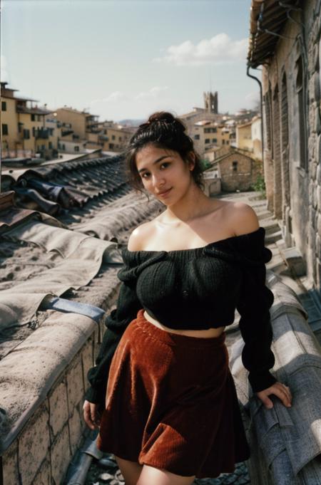 performance photo of a Palestinian, age 20,(fat body:1.4), with messy bun, wearing (Off-the-Shoulder Sweater and Corduroy Skirt:1.4), (huge breasts:1.3),excited expression, (arms extended forward, showing a willingness to give or receive:1.3) , (gambrel roof background:1.5),Florence, Italy, natural lighting, shot on Horseman 4×5 (45HD) Camera, Fujifilm Velvia 100, film grain,in style of Platon <lora:add_detail:0.8> <lora:picxer_real:0.8> <lora:InstantPhotoX3:0.5> <lora:epi_noiseoffset2:0.8>