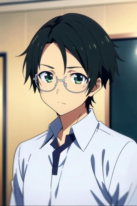 masterpiece, best quality, sketch, 1boy, solo, male focus, looking at viewer, upper body, depth of field, <lora:kengo_suguri:0.70>, kengo_suguri, black hair, green eyes, glasses