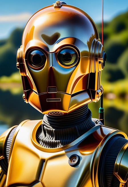 Centered, Incredibly Detailed Accurate Picture Of C-3PO Fly-Fishing, close-up portrait, shallow depth of field, warm color grading, Oil painting, linkedin portrait, by Aaron Garbut, by Gustave Courbet, by Jules Breton, close up, natural beauty