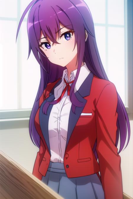 karenkannazuki, <lora:karen kannazuki s2-lora-nochekaiser:1>,
karen kannazuki, long hair, (purple eyes:1.1), purple hair, ahoge,
BREAK skirt, school uniform, blazer, (red blazer:1.5), shirt, white shirt, collared shirt, ribbon, blue ribbon,
BREAK indoors, classroom,
BREAK looking at viewer,
BREAK <lyco:GoodHands-beta2:1>, (masterpiece:1.2), best quality, high resolution, unity 8k wallpaper, (illustration:0.8), (beautiful detailed eyes:1.6), extremely detailed face, perfect lighting, extremely detailed CG, (perfect hands, perfect anatomy),