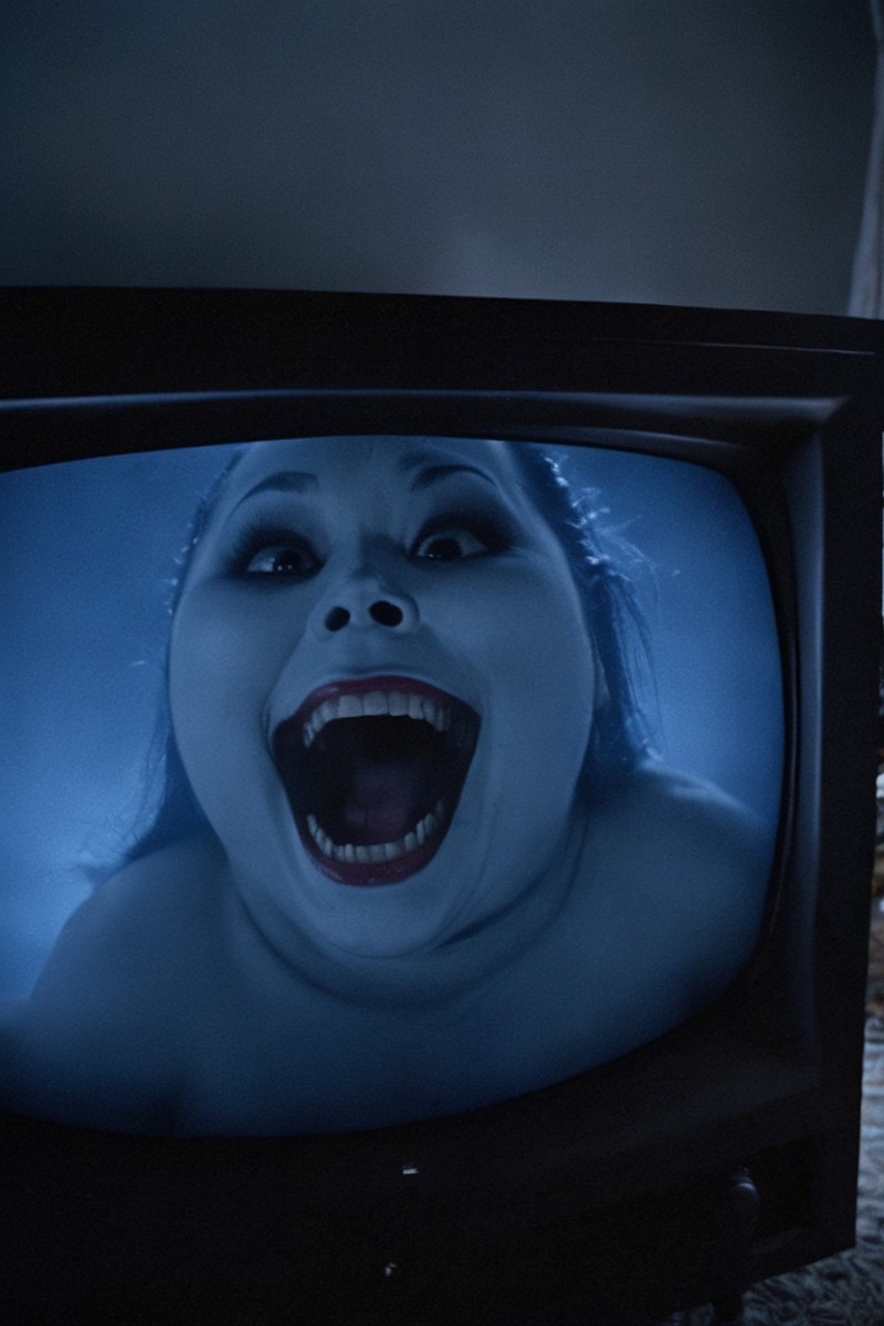 asian horror, dimly lit room, ghost crawling out of static CRT television, in large bedroom, big tits, sexy, chubby, smili...