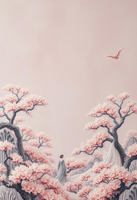 Surreal infrared symbolist painting depicting ethereal landscapes in muted pastels. Fresco-like textures, soft diffused lighting, intricate flora and fauna rendered with delicate brushwork.  Japanese ink painting style, Zen aesthetics, elegant figures in a dreamlike atmosphere.  Timeless serenity, otherworldly appearance due to infrared spectrum.