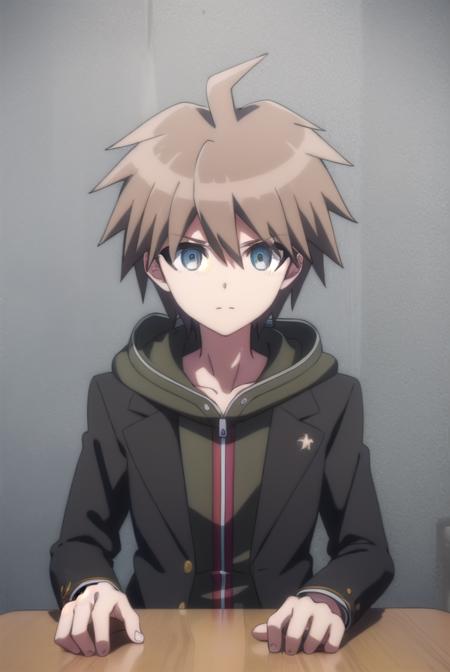 makotonaegi, <lora:makoto naegi s1-lora-nochekaiser:1>,
makoto naegi, short hair, bangs, brown hair, hair between eyes, (brown eyes:1.3), ahoge, male focus,
BREAK long sleeves, collarbone, jacket, black jacket, hoodie, hood down, green hoodie,
BREAK outdoors, classroom,
BREAK looking at viewer, (cowboy shot:1.5),
BREAK <lyco:GoodHands-beta2:1>, (masterpiece:1.2), best quality, high resolution, unity 8k wallpaper, (illustration:0.8), (beautiful detailed eyes:1.6), extremely detailed face, perfect lighting, extremely detailed CG, (perfect hands, perfect anatomy),