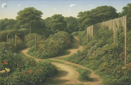style of Roger Dean, hedgerow,garden ,plantation ,patch ,parcel ,plot , Taiga ,