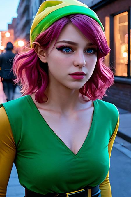 photorealistic, hyperrealistic, realistic, hdr, sidewalk, buildings, street, 1girl, (prettyeyes), solo, blush, looking at viewer, <lora:GoodHands-vanilla:1>, pink-link, pink hair, blue eyes, green hat, green tunic, cleavage, yellow sleeves, long sleeves, belt, <lora:Pink-Link:0.94> <lora:melissabenoist_smf_lora_02:0.9> melissabenoist-smf