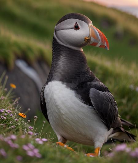 <fa3rua>, Ultra-HD-realistic-details, upper body, Spectacular light, Sunset, Faroe Islands, Grass, flowers, Cliff, close portrait photo