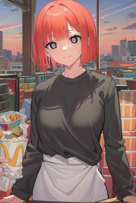 yorumac, <lyco:yorumac-lyco-nochekaiser:1>,
yoru mac, short hair, bangs, (black eyes:1.5), blunt bangs, orange hair, bob cut, smile,
BREAK shirt, long sleeves, pants, sweater, grey pants,
BREAK looking at viewer, full body,
BREAK indoors, restaurant, mcdonalds,
BREAK <lyco:GoodHands-beta2:1>, (masterpiece:1.2), best quality, high resolution, unity 8k wallpaper, (illustration:0.8), (beautiful detailed eyes:1.6), extremely detailed face, perfect lighting, extremely detailed CG, (perfect hands, perfect anatomy),