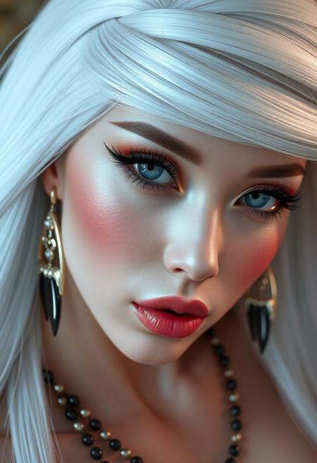 (masterpiece), best quality, expressive eyes, perfect face, , sam yang, (Joe Madureira:0.8), (Extremely detailed), (Intricate details), Beautiful girl, tall and slender fit body, large breasts, shiny pale oiled skin, (Very long lush shiny straight (((iridescent white))) hair), (Extremely detailed beautiful vivid pale grey eyes), (Perfect make-up, mascara, eyeliner, blush), (Very long very fluffy fake lashes), (Delicate face features), ((Very long sharp shiny black nails)), (Intricate massive jewelry), Very large earloops earrings, black brows, Shiny glossy lips, (Cowboy shot), (Shiny navel piercing), <lora:sam_yang_offset_right_filesize:1>