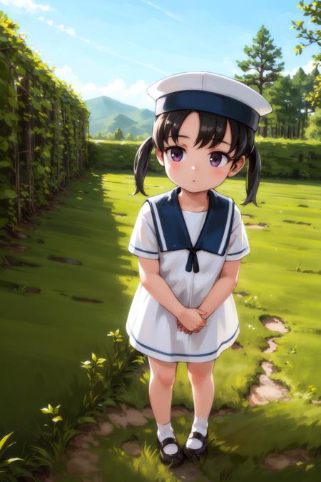 (masterpiece), (best quality), (ultra-detailed), photorealistic, (best illustration), (an extremely delicate and beautiful), 1girl, solo, (kcshounan), short twintails, short hair, sailor dress, white dress, blue sailor collar, hat, full body <lora:hiburigata_nai_9:0.7:lbw=OUTD> standing, purple eyes, looking up, expressionless, young, (child:0.9), shoes, sunlight, blue sky, detailed scenery, looking away, grass, twintails