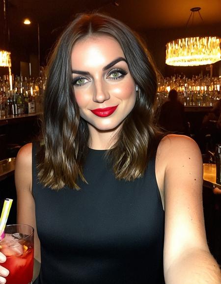 <lora:4n4d34_SDXL_SGX:1>,social media selfie photograph of (beautiful 26 year old) (4n4d34:1.2) woman with dark hair,as a party girl, wearing in a black cocktail dress,with a smile on her face,holding a cocktail drink making a toast,in a crowded sports bar,soft lighting,medium 90s hair,red lipstick,makeup and eyeshadow,(upper body),face focus,sharp focus,depth of field,facing viewer,rich details,clear shadows and highlights,realistic,highly detailed,