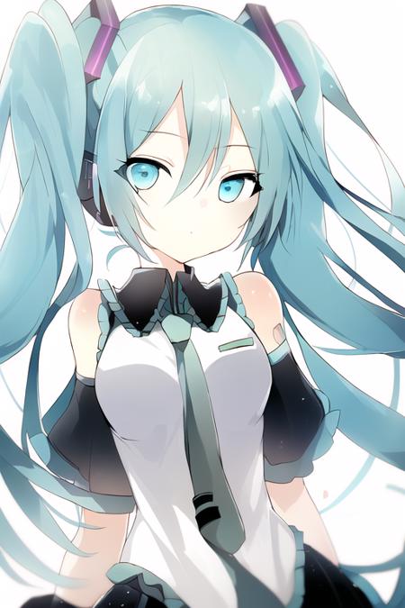 1girl, masterpiece,upper body, best_quality,hatsune miku, aqua eyes, hair ribbon,white background,arms behind back  <lora:lpip-v2-style-000007:1>