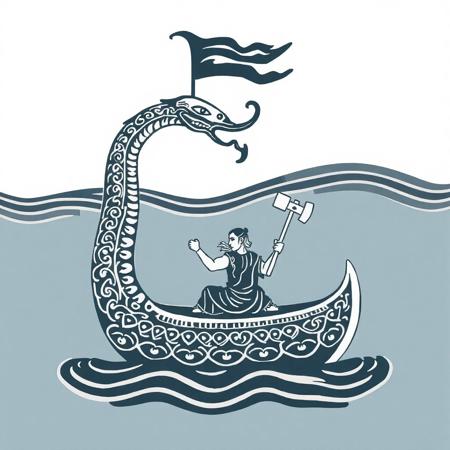Scandinavian traditional ornament, Viking patterns, Scandinavian art, sea serpent image, lines, minimalism, sea serpent wriggles like a number 8 and reaches its head to the drakkar, which is above it, a man sits in the drakkar, in one hand the man holds a hammer, with the other hand he holds the serpent by the tongue