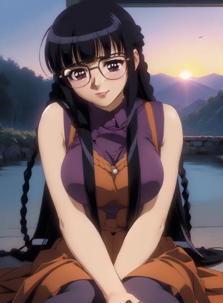 <lora:KyokoYa-002:0.8>,(sunset background:1.2),(suspender skirt:1.2, (Sitting with hands clasping the knee :1), 1girl, solo, long hair, glasses, braid, purple eyes, twin braids, bangs, blunt bangs, black hair, large breast, (hot face), detailed background, finely detailed, masterpiece, best quality,,