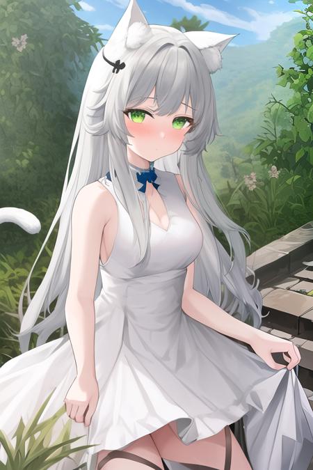 masterpiece, best quality, highres, solo, {rosmontis_arknights:1.10}, animal_ears, cat_ears, long_hair, bangs, green_eyes, cat_girl, animal_ear_fluff, grey_hair, white_hair, closed_mouth, blush, 1girl, bare_shoulders, dress, official_alternate_costume, sleeveless, sleeveless_dress, white_dress, looking_at_viewer, blue_sky, breasts, sky, small_breasts