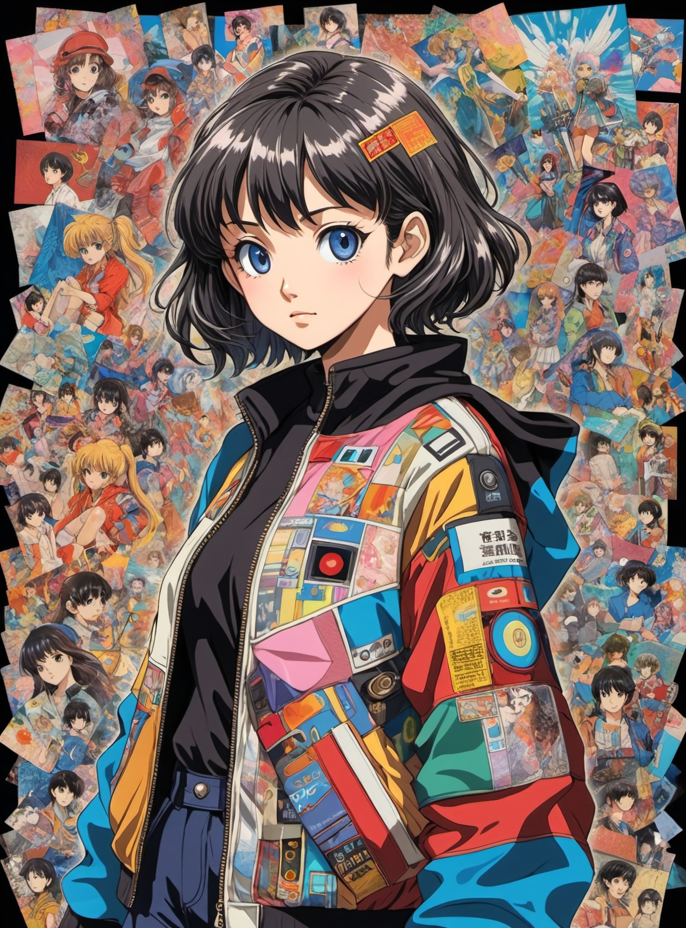 breathtaking anime artwork woman wearing a patchwork jacket, vintage 1980's anime, mixed media collage, Yasutomo Oka, A wo...