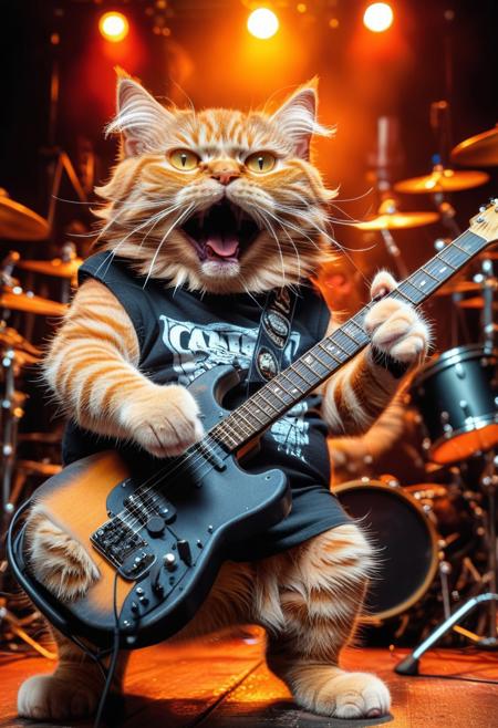 fluffy orange tabby fat cat strat playing music band, cats playing rock band, there are cats playing electric guitar and drum and bass guitar and piano, cat and kittens standing and walking like human and children, concert stage, cat wearing heavy metal t-shirt, cat screaming on mic like a rocker,