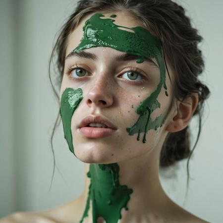 Ultra detailed film photograph with tiny depth of field, shot in an empty studio space with complex lighting. The bare bust of a beautiful woman, her hair and face and slender neck and delicate collarbone and small firm breasts. She looks stoic and severe, soft eyes that are perfectly in focus. Her mouth is overflowing with thick paint, From her lips flows richly green colored paint, drooling and trickoing from her lips down her chin, dripping on her tiny breasts, trickling down her neck. Everything else slips out of focus. Surreal and artistic.