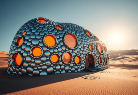 a building formed of metallic bubbles in the middle of a desert
its windows are circular and oval lit from withing by orange light
it's organic in shape and covered in hexagonal tiles
the metallic panels shine and glitter under the bright sun shining rays into the surrounding sand