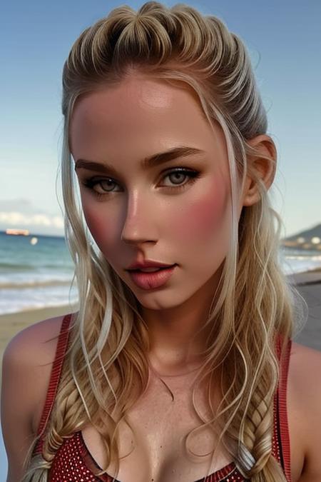 ((realistic)), pretty blonde at the beach, tiny red microkini, dyed blonde short messy bun haircut, realistic eyes, 
outdoors, extremely high quality RAW photograph, detailed background, intricate, Exquisite details and textures, highly detailed, ultra detailed photograph, 
warm lighting, artstation, 4k, sharp focus, high resolution, detailed skin, realistic eyes, 8k uhd, dslr, high quality, Fuji,  <lora:rachelV2:0.875>