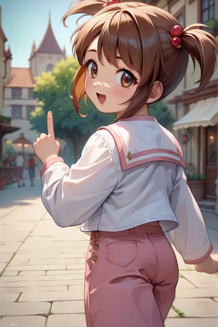 coquelicot \(sakura taisen\), brown eyes, brown hair, short twintails, white shirt, long sleeves, pink pants, brown footwear,