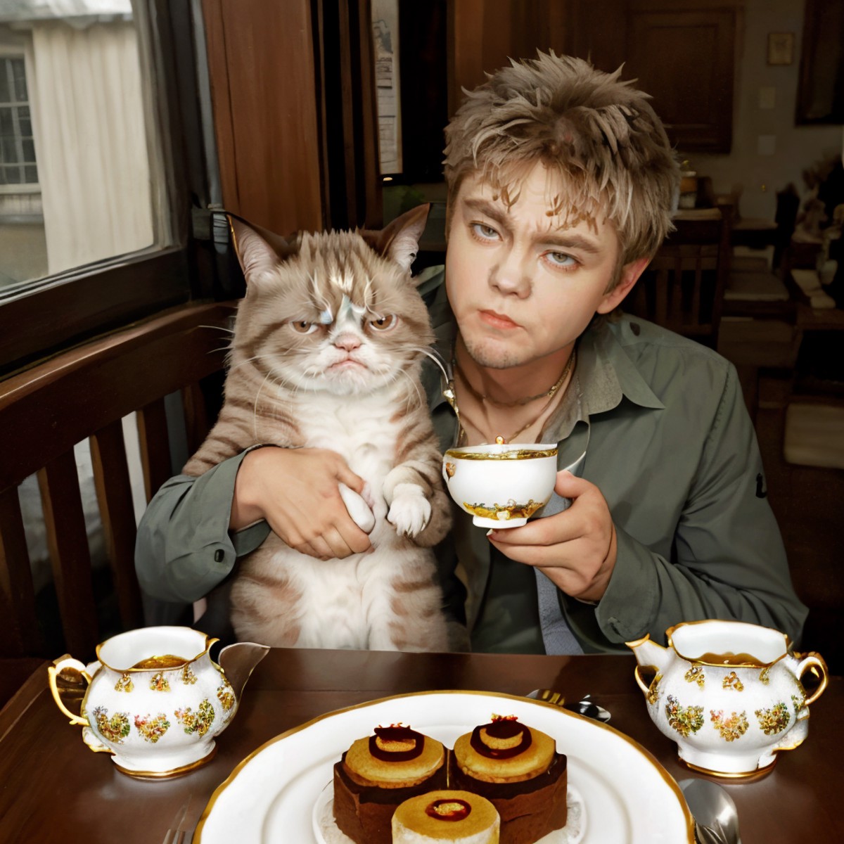 1man DG_ChadMM,having tea with ("Grumpy Cat"),
<lora:dg_ChadMMv1:0.8>,