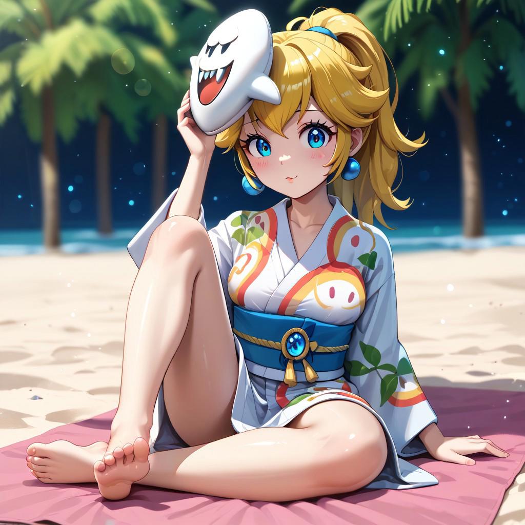 1girl, IncrsPchYukata, long hair, ponytail, japanese clothes, yukata, mask on head, obi, sash, boo,  earrings, jewelry
sunshine, light particles, beach, sitting, beach towel, leg up, barefoot, soles, toes, [[foot focus]]  , feet
(best quality), ((intricate details)), (shiny skin), [eye lashes], ((anime style, extremely detailed, finely detailed, beautiful detailed face, beautiful detailed eyes, beautiful detailed shading)), (beautiful, beautiful amazing, ultra-detailed, 8K wallpaper, vibrant colors), [high saturation], [blush], cute, (perfect body, perfect anatomy, perfect face), (ultra-detailed face, perfect nose),  beautiful scenery, best quality, 2020s, highres, score_9, score_8, score_7, sharp focus,  (medium breasts)