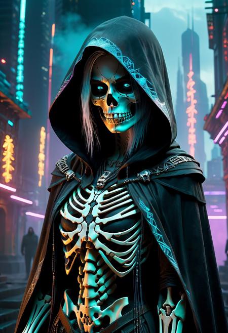 The image is a breathtaking masterpiece of photo-realistic art, featuring a hooded cloak female necromancer standing against a cyberpunk-inspired background. The subject is rendered in ultra-high detail, with each strand of her hair, each pore on her skin, and each piece of her ornate costume perfectly captured. The lighting is expertly crafted to create a cinematic atmosphere, with soft, natural light illuminating her face while deep shadows fall across the rest of her body.
The focal point of the image is the skeleton skull that adorns the necromancer's face, which is surrounded by volumetric fog that adds an ethereal quality to the scene. The background features a stunning, highly detailed cityscape stretching into the distance, complete with towering skyscrapers, and neon signs. The use of wide-angle lens enhances the sense of scale and immersion, inviting the viewer to get lost in this meticulously crafted world.