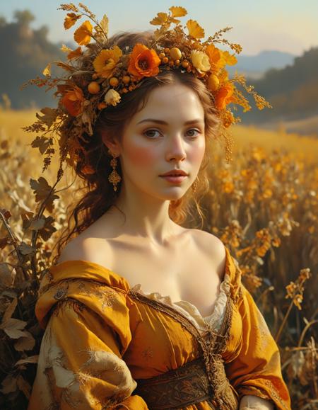 ([by Irving Amen|by Andreas Achenbach]:1.5), (Bathed in the golden hues of harvest, Lada is a goddess of beauty and fertility, her presence echoing the ripening fields and the promise of abundance:0.5)