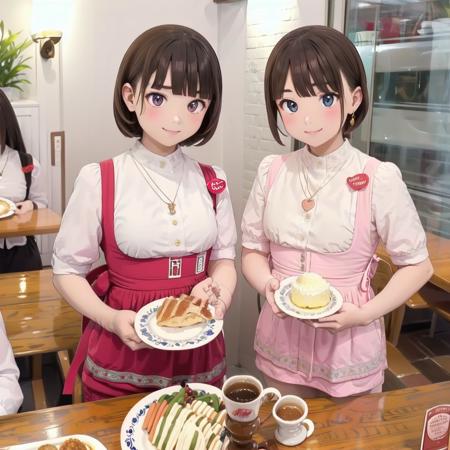 best quality, ultra-detailed, illustration,
AMTS, AMSC, unifrom, waitress, 1boy, cup, plate, jewelry, necklace, indoors, black hair, 2girls, multiple girls, smile, table, pink skirt, pink apron, white shirt, 
 <lora:AMSC_AnnaMillers_uniform_SD15_V3:1>