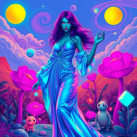 Stylised image of a beautiful woman with vibrant purple hair and glowing turquoise skin, standing in a surreal landscape. She’s wearing a flowing gown made of shimmering, iridescent fabric that reflects the colors of the bizarre environment around her. 
The background features a sky filled with two suns and swirling clouds in neon hues, while giant, oversized flowers with spiraling petals bloom in a whimsical garden. Strange creatures with whimsical shapes playfully interact nearby. 
The woman has an ethereal expression, her eyes sparkling with otherworldly light, as she gracefully floats above the ground, surrounded by floating geometric shapes and luminous orbs. The scene conveys a dreamlike, fantastical quality, blending beauty with a sense of the extraordinary.