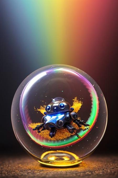 A single miniature nano bot enclosed in a sphere made of glass Rainbow color, explosion in background,