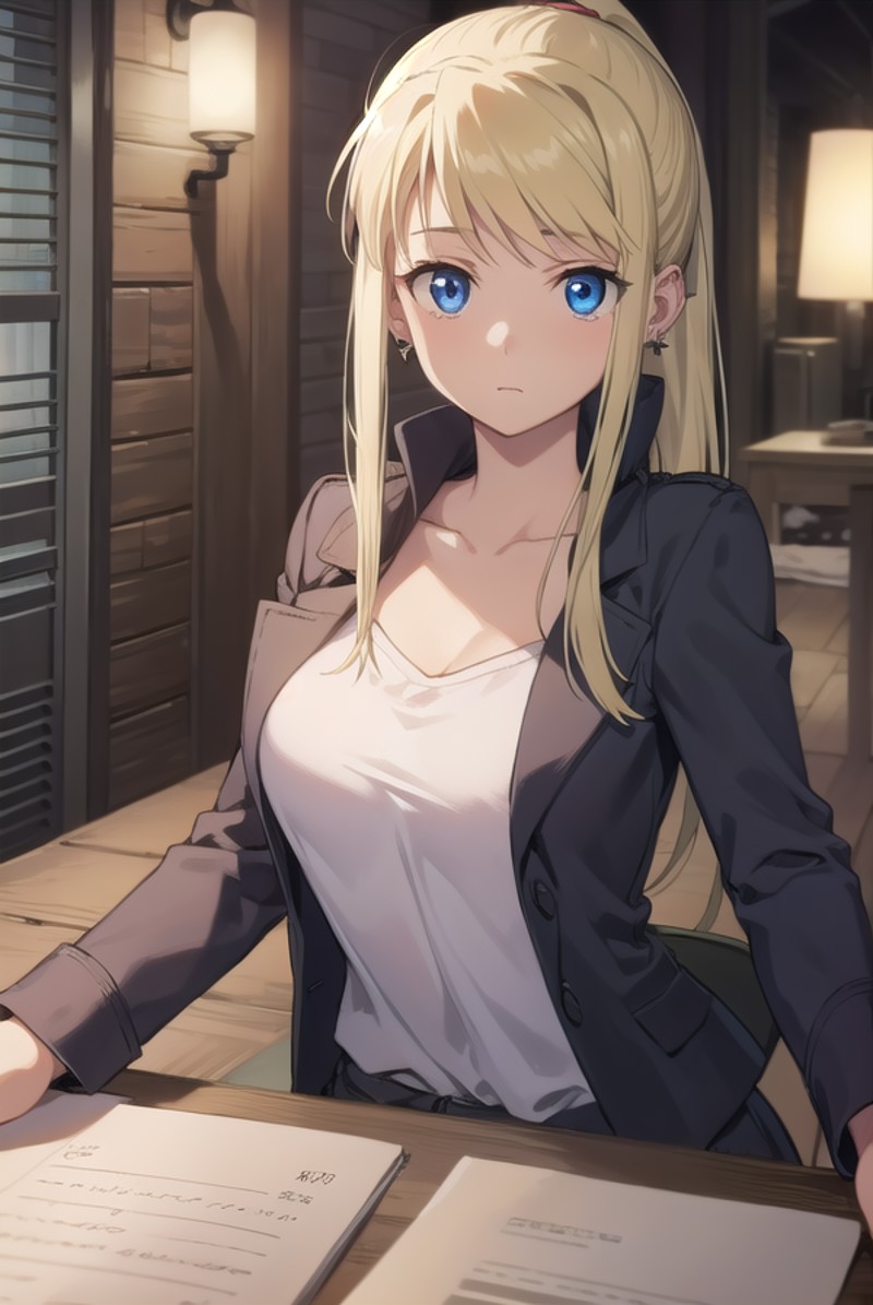 winryrockbell, <lora:winryrockbell:1>, winry rockbell, blue eyes, blonde hair, BREAK shirt, long sleeves, collarbone, jack...