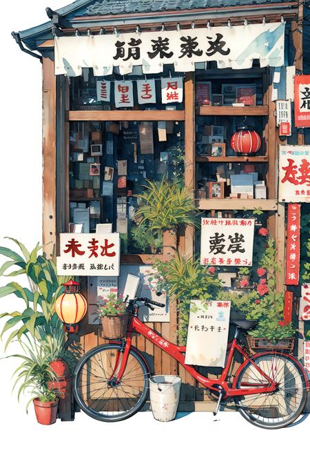 bicycle, no humans, white background, simple background, ground vehicle, painting (medium), lantern, watercolor (medium), traditional media, paper lantern, shop, storefront, plant, sign, scenery, <lora:Pastel color_20230816152956-000003:0.93>