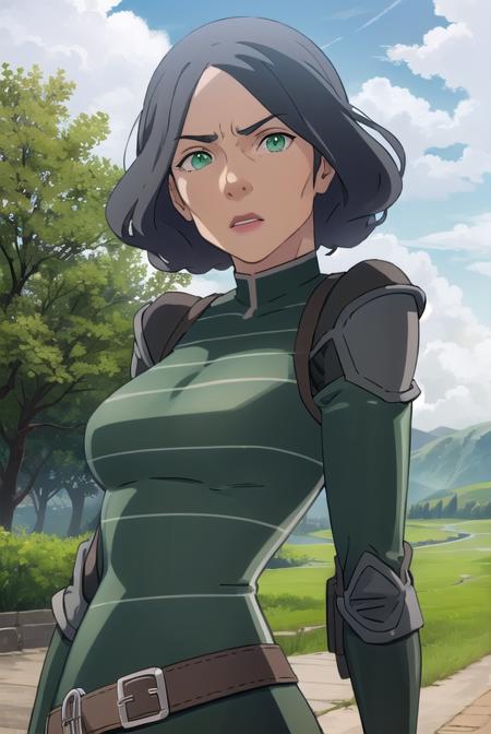 avatarlin, <lora:avatar lin-lora-nochekaiser:1>,
lin, short hair, grey hair, (green eyes:1.5),
BREAK gloves, boots, belt, fingerless gloves, armor, breastplate, greaves,
BREAK outdoors, forest, nature, grass, trees, sun, sky, clouds,
BREAK looking at viewer, (cowboy shot:1.5),
BREAK <lyco:GoodHands-beta2:1>, (masterpiece:1.2), best quality, high resolution, unity 8k wallpaper, (illustration:0.8), (beautiful detailed eyes:1.6), extremely detailed face, perfect lighting, extremely detailed CG, (perfect hands, perfect anatomy),