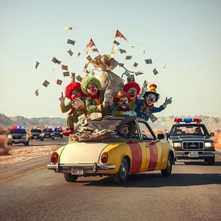 an small funny clown car with a bag of money behind with bills flying fiilled with many funny worried clowns followed by several police cars on a desert highway