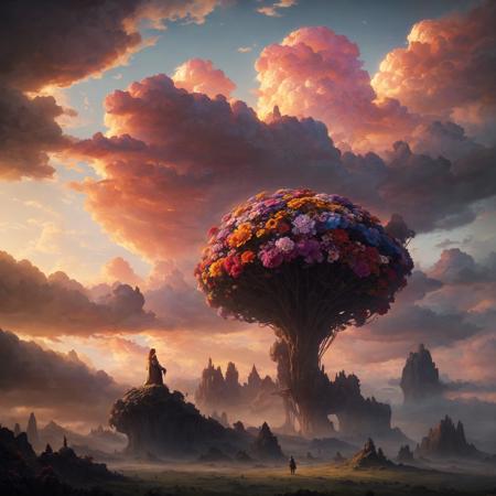 a giant flower, surreal photography, sunrise dramatic light, colorful clouds, digital painting by greg rutkowski and james c. christensen, trending on artstation, 8k, masterpiece, fine detail, full of color