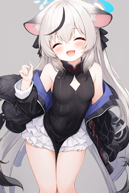 masterpiece, best quality, 1girl, solo, animal_ears, long_hair, standing, dress, halo, looking_at_viewer, breasts, multicolored_hair, sitting, smile, streaked_hair, black_dress, small_breasts, jacket, very_long_hair, blush, striped_dress, open_mouth, black_jacket, fang, grey_hair, barefoot, off_shoulder, striped, covered_navel, bangs, black_hair, :d, clothing_cutout, hair_between_eyes, closed eyes, black_socks, open_clothes, sleeveless, vertical-striped_dress, open_jacket, sleeveless_dress, animal_ear_fluff, vertical_stripes, tiger_girl, skirt, white_skirt, long_sleeves, 
 <lora:chunyuan:1> <lora:clearcolor_v1.7_lbw:1> <lora:clearloli_v1.1_lbw:0.36>