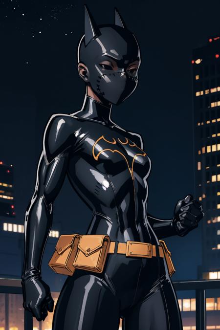 masterpiece, best quality, <lora:cassandracain-nvwls-v1-000009:0.9> maskedcassandra, mask, bodysuit, black bodysuit, belt, belt pouch, black pants, black gloves, medium breasts, night sky, cityscape, neon signs