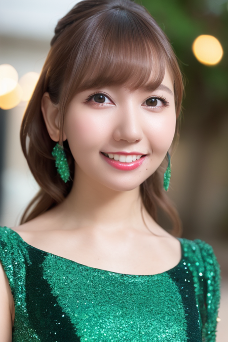 1girl,(wearing a green glittery evening dress),(RAW photo, best quality), (realistic, photo-realistic:1.4), masterpiece, an extremely delicate and beautiful, extremely detailed, 2k wallpaper, Amazing, finely detail, extremely detailed CG unity 8k wallpaper, ultra-detailed, highres, soft light, beautiful detailed girl, extremely detailed eyes and face, beautiful detailed nose, beautiful detailed eyes,cinematic lighting,city lights at night,perfect anatomy,smiling