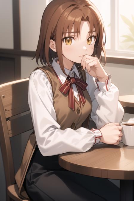 <lora:mitsuzuri-000016:1> mitsuzuri, homurahara academy school uniform, vest, brown vest, black skirt,
1girl, solo, sitting, cafe, coffee, chair, table