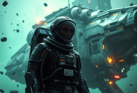 A cinematic shot of an alien astronaut in a vibrant metallic black spacesuit standing in the foreground, with a massive, spacecraft as the backdrop. The spacecraft is adorned with numerous lights, windows, and technical details. The astronaut's suit is equipped with various gadgets and patches. The atmosphere is filled with floating debris and a hazy chartreuse glow