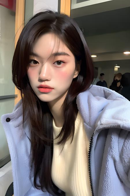 doyeon, 1girl, short hair, (medium full shot:1.2), (straight on:1.5), beautiful hair, (looking at the viewer:1.2), fluffy jacket,, beautiful face, beautiful expression, medium breast, (closed mouth:1.2), (photorealistic:1.3), highres,<lora:sayhello0o-v1-kimdoyeon:0.88>