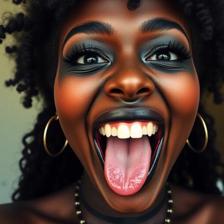 Amateur photography selfie of a female with open mouth wide, 20year, afro puffs, black eye makeup, dark skin, pale white face paint, hoop earrings, (uvula:0.2), choker, laughing, ultra high quality, very detailed and photorealistic, face focus, very detailed skin, detailed skin, realistic skin, acne, skin pores, photographic, photography, photograph, skin pores, excessive lip filler, huge tits, cleavage, huge eyes, piercing, goth lipstick (skin pores:0.5) <lora:tongue-flux-v0.1:1>