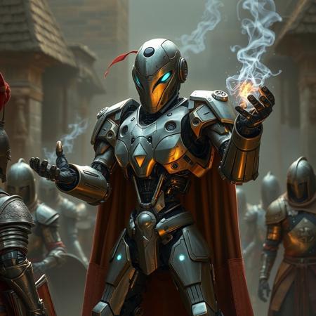 highly detailed, a high-tech robot in a medieval world conjuring a spell, two arms, the robot contrasts with the world around it, there are medieval warriors with armor around