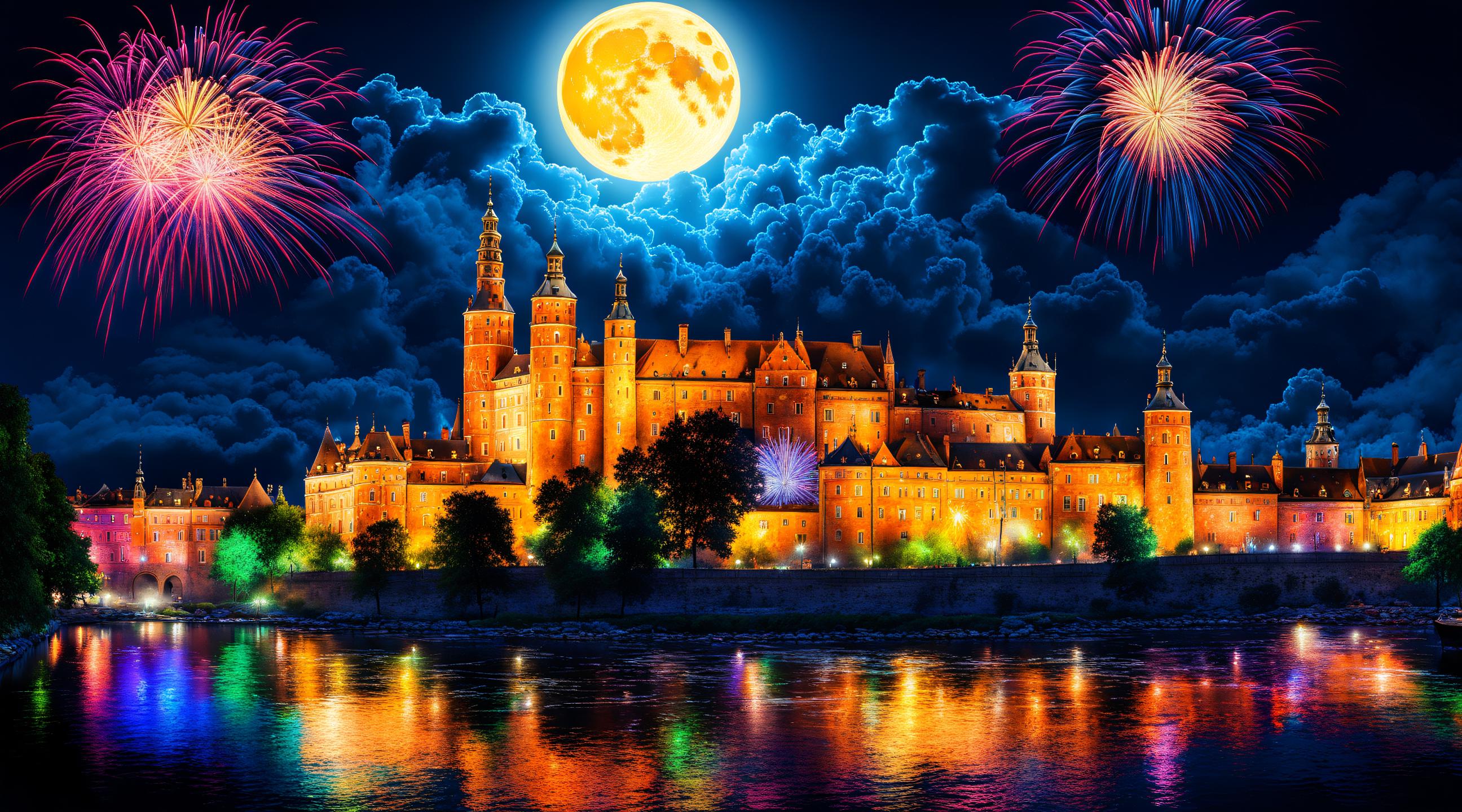 Krakow at night, neon, medieval, full moon, artistic drawing, DMT, acid dream, Fireworks, colorful, vivid dream, rendered, digital art, Wawel Royal castle, Vistula river, breathtaking masterpiece, amazing quality,