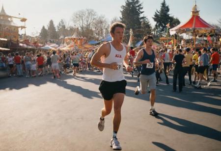 leica m3, 35mm Voigtlander lens, Portra 160/400, photo of A marathon runner training through a crowded amusement park.., high contrast, natural  sunlight