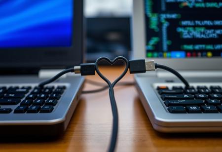 Realistic photo.
Two computers are connected with a USB cable.
The USB cable has a heart shape in the middle.
The two computers are on a table.
Very detailed.
High contrast.
Depth of field.