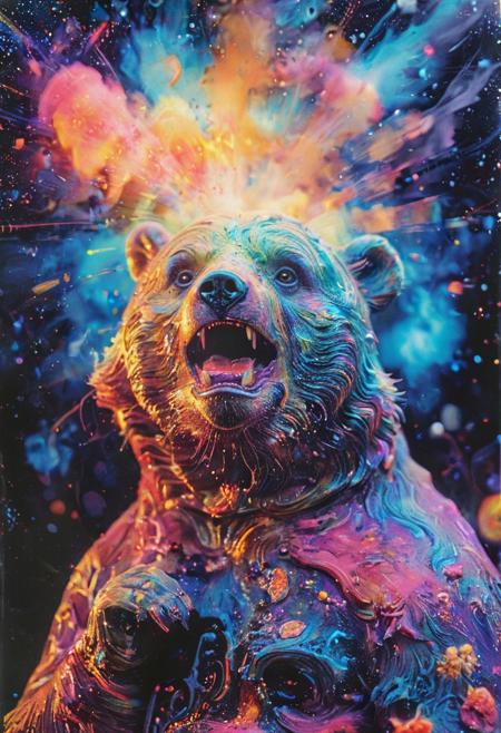 Product photograph, the 1980s, PsychadelicChaos, the universe, chaos, insane colors, the universe blowing up, insane colors, a universal bear, blue lighting, beautiful, epic, analog film grain, polaroid, DSLR